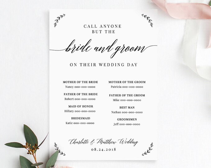 Call Anyone But the Bride Template, Wedding Contact Contact Card, Info / Phone Insert, 100% Editable Template, Instant Download #034-101CC