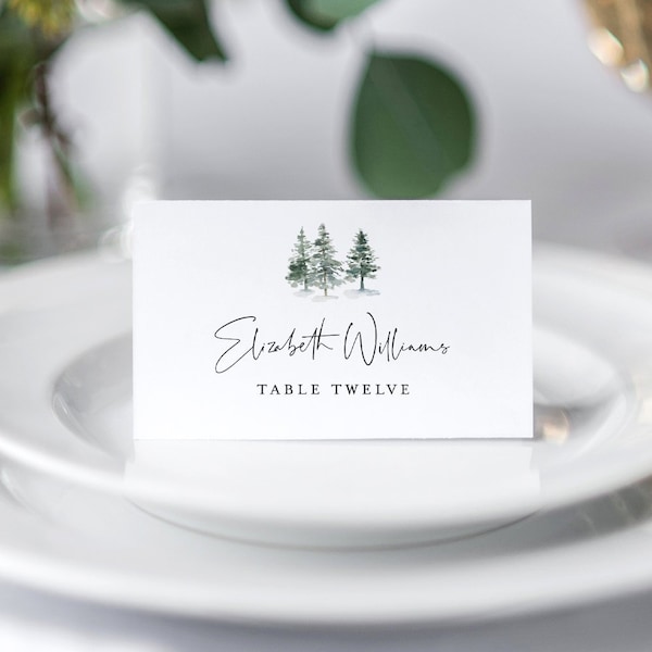 table place setting cards template Pine Place Card Template, Printable Rustic Winter Wedding Escort Card, Name Card, Evergreen, 100% Editable Text, INSTANT DOWNLOAD #073-128PC