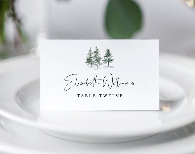 Pine Place Card Template, Printable Rustic Winter Wedding Escort Card, Name Card, Evergreen, 100% Editable Text, INSTANT DOWNLOAD #073-128PC