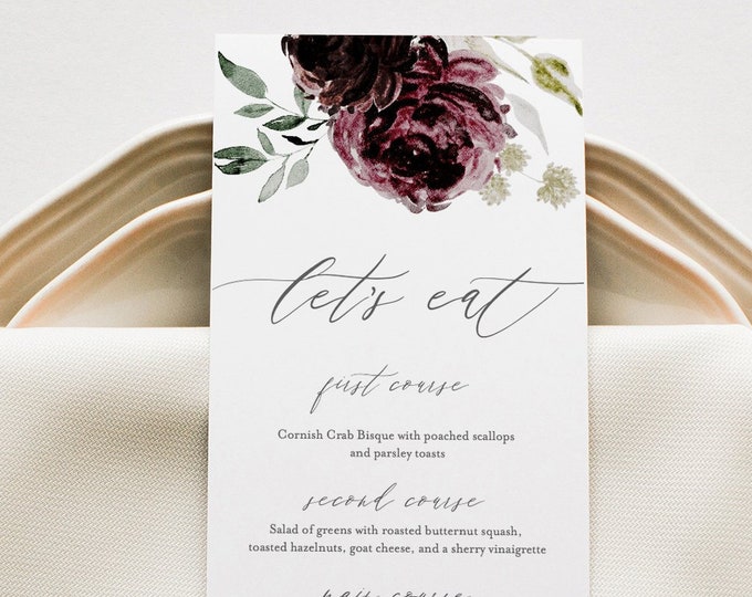 Menu Template, Moody Floral Wedding Menu, Purple Floral Dinner Menu, Printable DIY Menu, INSTANT DOWNLOAD, Editable Text, 2 Sizes #074-134WM