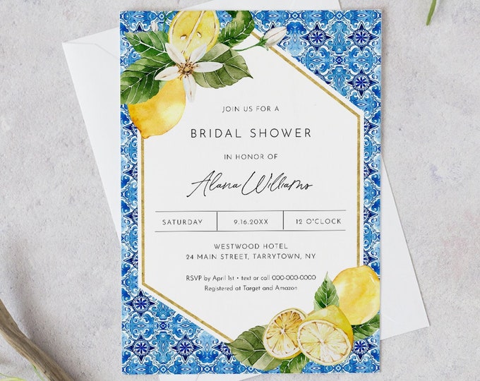 Lemon Bridal Shower Invitation, Mediterranean Couples Shower Invite, Citrus Wedding Shower, Instant Download, Editable Template #0027-300BS