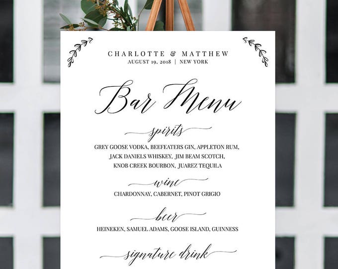 Wedding Bar Menu Sign, Calligraphy Dinner Menu Poster, Buffet Menu Printable, 100% Editable Template, Instant Download, Templett #034-105LS