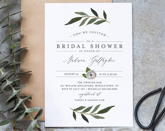 Greenery Bridal Shower Invitation Template, INSTANT DOWNLOAD, Self-Editing, Printable Couples Shower Invite, Boho, DIY, Templett #054-154BS