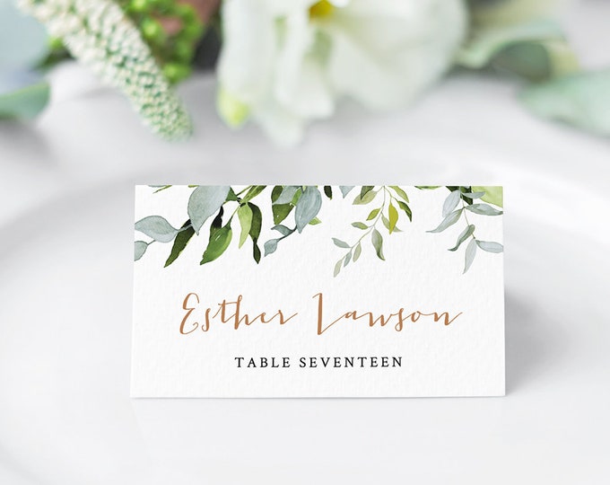 Self-editing Place Card Template, Printable Wedding Escort Card, Name Card, Greenery Seating Card, INSTANT DOWNLOAD, Editable #016-107PC