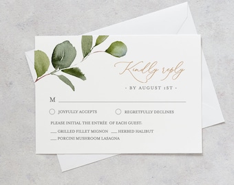 Greenery RSVP Card Template, INSTANT DOWNLOAD, 100% Editable Text, Printable Boho Gold Wedding Response Postcard, DiY, Self-Editing #056RSVP
