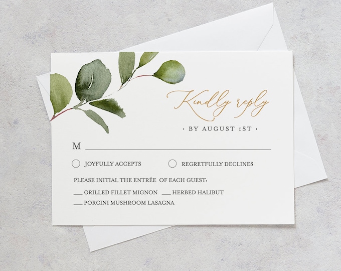 Greenery RSVP Card Template, INSTANT DOWNLOAD, 100% Editable Text, Printable Boho Gold Wedding Response Postcard, DiY, Self-Editing #056RSVP