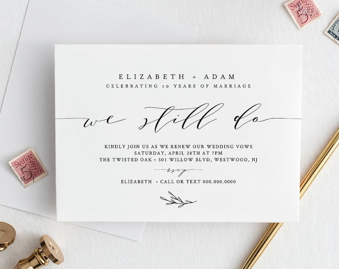 Vow Renewal Invitation Template, Printable Anniversary Invite, INSTANT DOWNLOAD, 100% Editable, Simple, Modern, Calligraphy, DIY #037-111VR