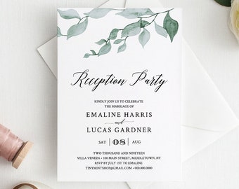 Reception Party Invitation, Greenery Wedding Invite, Watercolor Leaves, 100% Editable Template, INSTANT DOWNLOAD, Printable #019-105WR