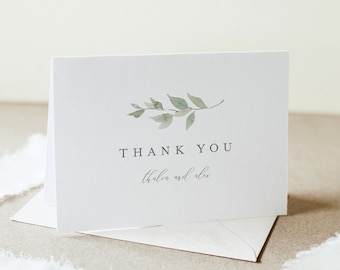 Delicate Greenery Thank You Card, Monogram Wedding / Bridal Shower, Editable Template, Instant Download, Flat & Tent, Templett #0004B-160TYC