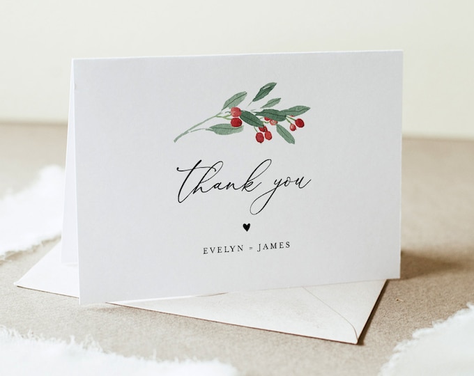 Holly Thank You Card, Winter Wedding / Bridal Shower / Baby Shower, Editable Template, Instant Download, Flat & Tent, Templett #071-169TYC