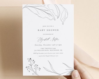 Baby Shower Invitation, Elegant Baby Shower Invite, Hand Sketch Botanicals, Editable Template, Instant Download, Templett #064-205BA