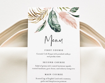 Tropical Wedding Menu Template, INSTANT DOWNLOAD, Printable Dinner Menu Card, 100% Editable Text, Beach Wedding, Templett #087-155WM