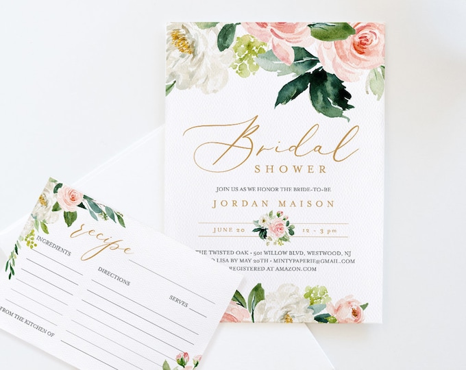 Bridal Shower Invitation + Recipe Card Set, Instant Download, Editable Template, Printable Invite & Recipe Insert, Floral Greenery #043-BSRC