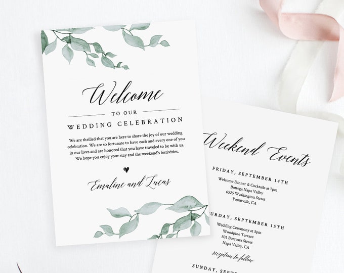 Welcome Letter and Itinerary, Wedding Agenda, Timeline of Events, Printable Welcome Bag Note, Fully Editable, INSTANT DOWNLOAD #019-109WB