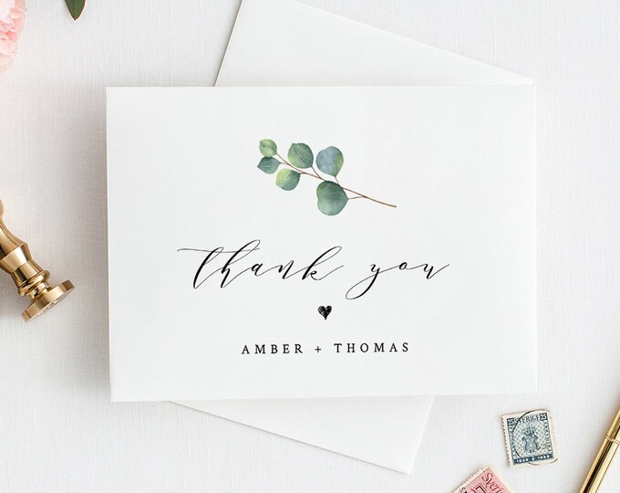 Eucalyptus Wedding Thank You Card Template, INSTANT DOWNLOAD, 100% Editable Text, Printable Greenery Folded Thank You Card, DIY #036-110TYC