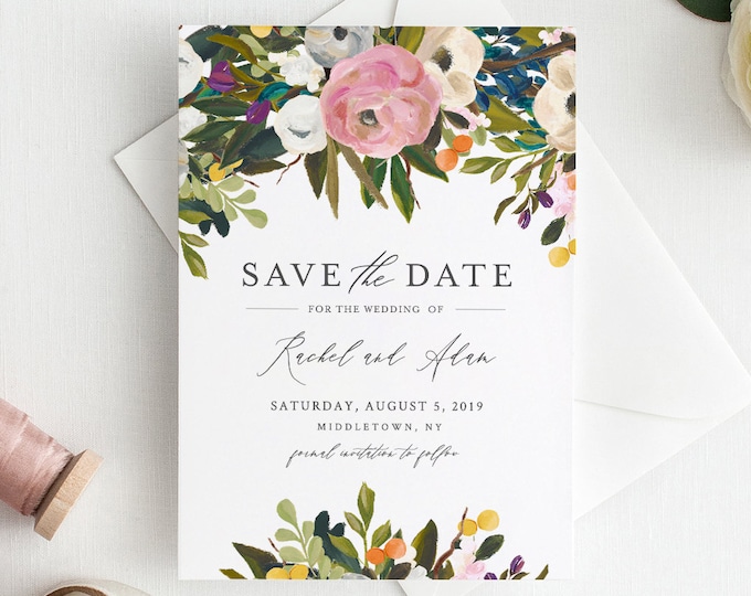 Printable Save the Date Template, Lush Florals Wedding Date Announcement, INSTANT DOWNLOAD, 100% Editable Text, DIY, Templett #054-138SD