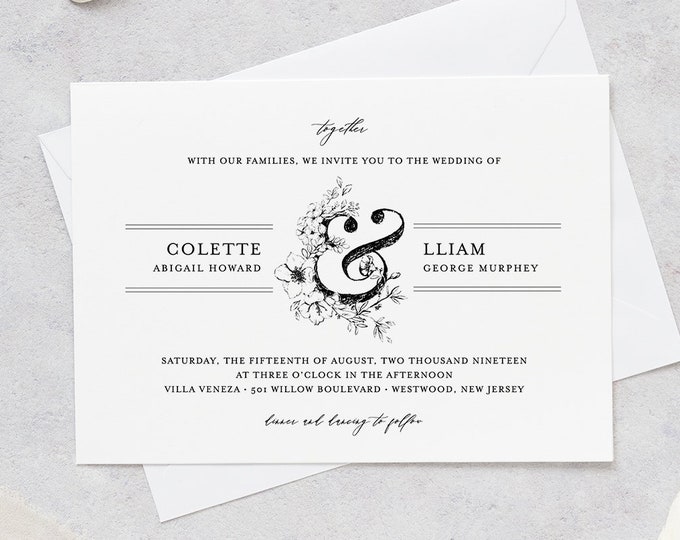 Wedding Invitation Set, Vintage Wedding Suite, Rustic Botanical Invite, RSVP and Details, 100% Editable Template, INSTANT DOWNLOAD #061A