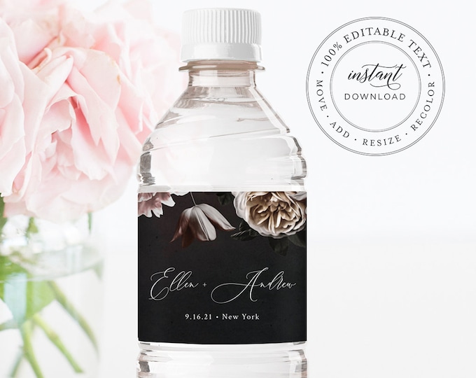 Water Bottle Label Template, Moody Florals Wedding Water Sticker, Printable, 100% Editable Text, Instant Download, Templett, DIY #009-120BL
