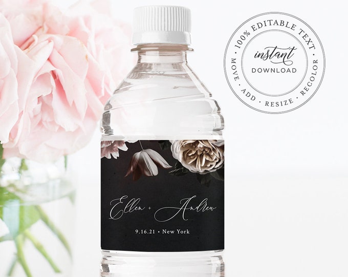 Water Bottle Label Template, Moody Florals Wedding Water Sticker, Printable, 100% Editable Text, Instant Download, Templett, DIY #009-120BL