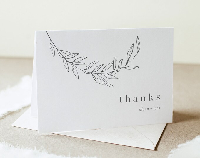 Thank You Card, Minimalist Wedding / Bridal Shower, Fine Art Laurel, Editable Template, Instant Download, Flat & Tent, Templett 0006B-162TYC