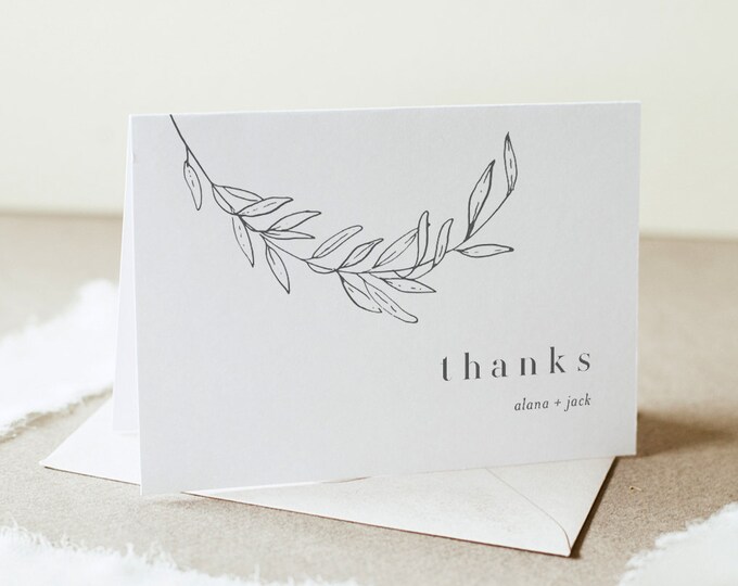 Thank You Card, Minimalist Wedding / Bridal Shower, Fine Art Laurel, Editable Template, Instant Download, Flat & Tent, Templett 0006B-162TYC