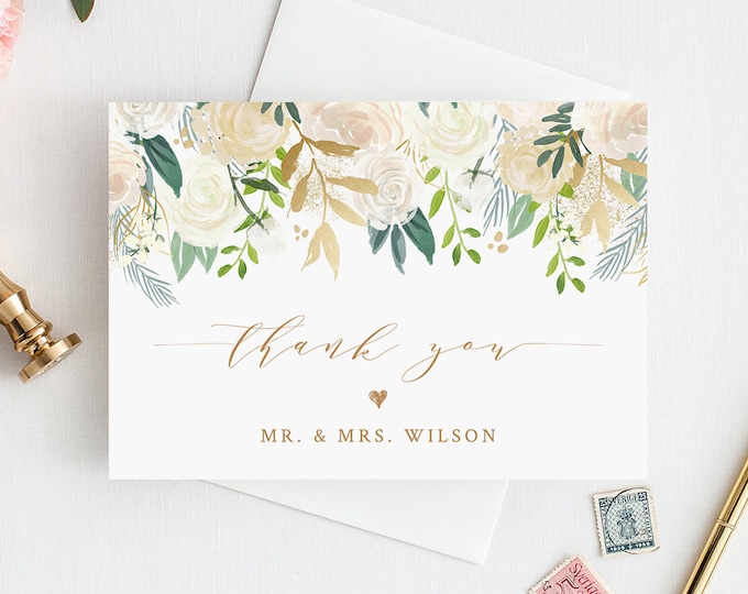 Thank You Card Template, Printable Wedding / Bridal Shower Thank You, Folded Note Card, INSTANT DOWNLOAD, Self-Editing, 3.5"x5" #021-105TYC