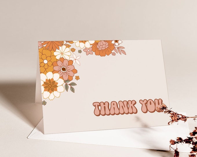 Retro Thank You Card, Bohemian, Groovy, 70's, Hippie Thank You Note, Editable Template, Flat & Tent Cards, Templett, 3.5x5 #050-201TYC