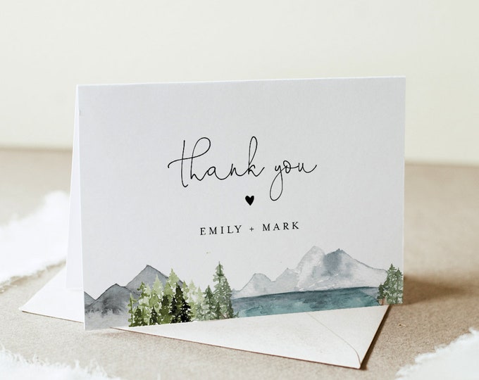 Lake Thank You Folded Card Template, Editable Wedding / Bridal Shower Note, Woodland Mountain Pine, INSTANT DOWNLOAD, Templett #017A-145TYC