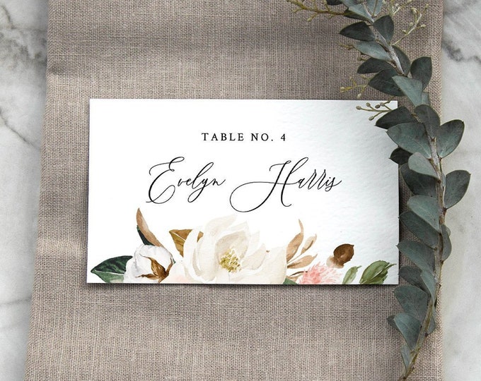 Magnolia Place Card Template, Printable Southern Wedding Escort / Seating Card, Name Card, INSTANT DOWNLOAD, Editable, Templett #015-136PC