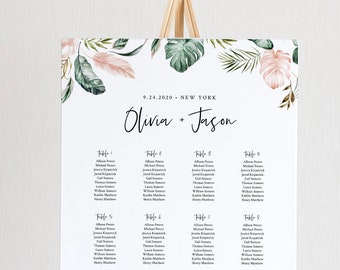 Tropical Seating Chart Template, Wedding Seating Sign, Alphabetical & Table Number Order, 100% Editable Text, INSTANT DOWNLOAD #087-250SC