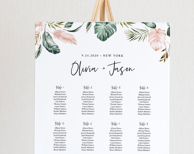 Tropical Seating Chart Template, Wedding Seating Sign, Alphabetical & Table Number Order, 100% Editable Text, INSTANT DOWNLOAD #087-250SC