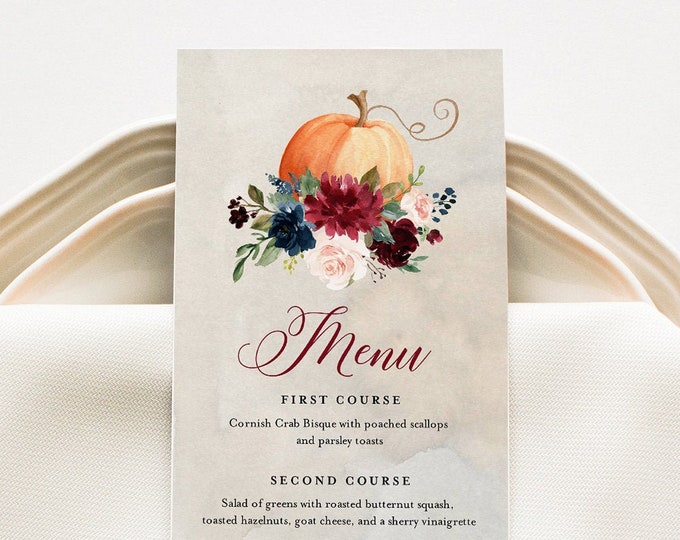 Fall Menu Card Template, Pumpkin Dinner Menu for Wedding, Bridal Shower, Baby Shower, Editable Text, Instant Download, Templett #072A-151WM