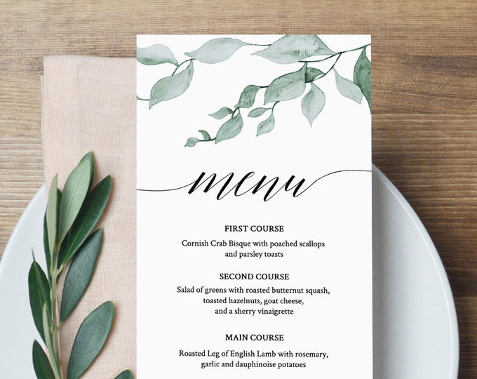 Greenery Menu Template, Wedding Dinner Menu, Reception Card, Printable, Watercolor Leaves, INSTANT DOWNLOAD, Fully Editable, DIY #019-109WM