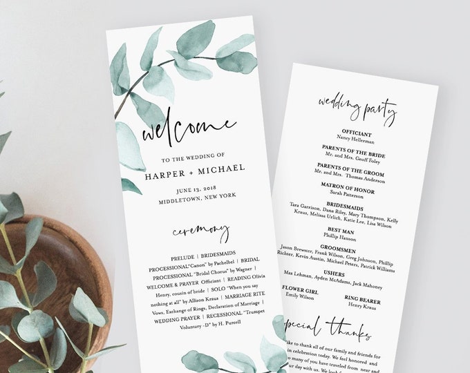 Eucalyptus Wedding Program Template, Printable Order of Service, Editable Text, Instant Download, Watercolor Greenery, Templett #049-218WP