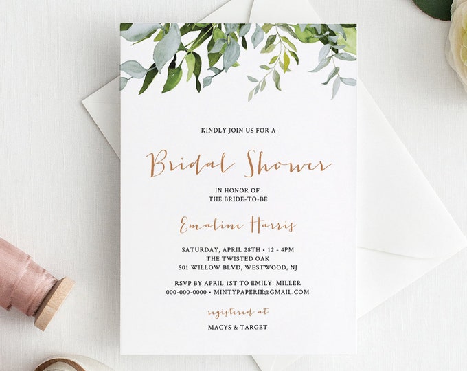 Self-Editing Bridal Shower Invitation, Wedding Shower Invite, Printable, Watercolor Greenery, Editable Template, Instant Download #016-109BS