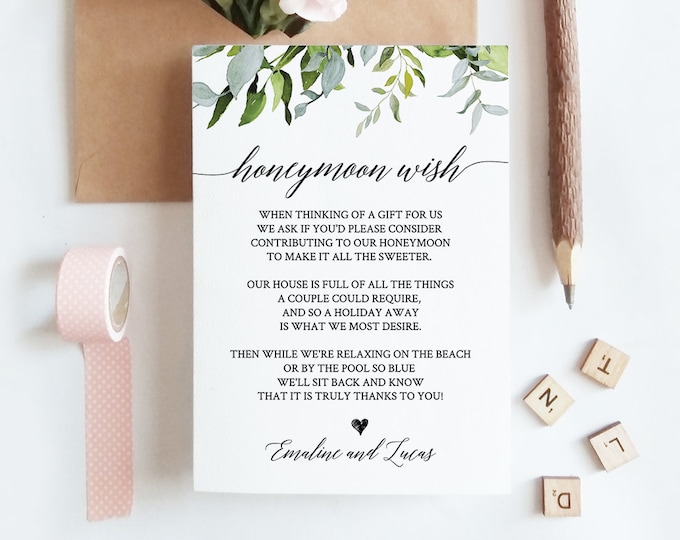 Honeymoon Fund Card, Honeymoon Wish Poem Template, Wedding Insert Card, INSTANT DOWNLOAD, Editatable Text, Printable, Templett #016-112EC