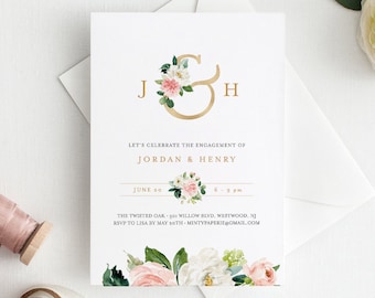 Self-Editing Engagement Party Invitation Template, INSTANT DOWNLOAD, 100% Editable Text, Engaged Announcement, Gold Monogram #043-118EP