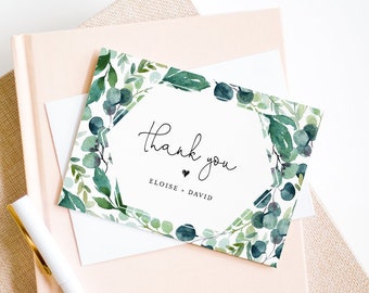 Garden Thank You Note Card Template, Printable Greenery Wedding / Bridal Shower Folded Card, INSTANT DOWNLOAD, Editable, DIY #068B-115TYC