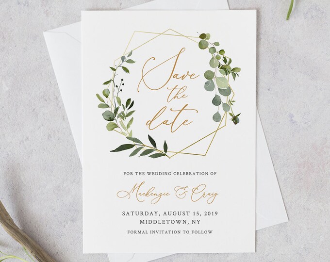 Save the Date Template, INSTANT DOWNLOAD, 100% Editable Text, Printable Greenery & Gold Wedding Date, DIY, Templett, Digital #056-131SD