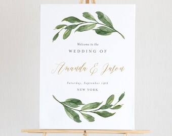 Greenery Welcome Sign Template, Printable Wedding Poster, Bridal Shower Welcome, 100% Editable Text, Instant Download, 4 Sizes #067-138LS