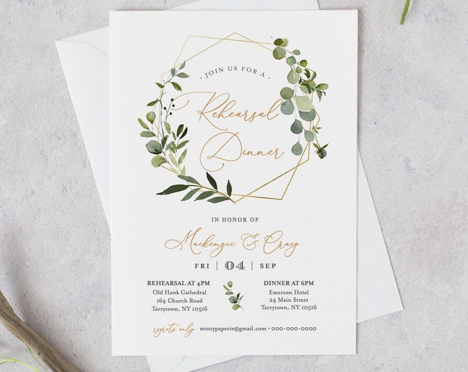 Greenery Rehearsal Dinner Template, INSTANT DOWNLOAD, 100% Editable Text, Printable Rehearsal Invite, DIY, Templett, Digital #056-131RD