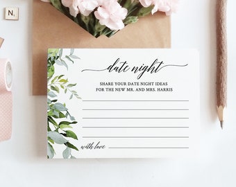Date Night Ideas Card, Wedding Printable, Editable Template, Personalize Names, Instant Download, Watercolor Greenery, Templett #016-109EC