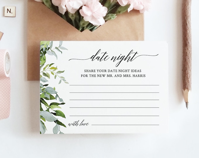 Date Night Ideas Card, Wedding Printable, Editable Template, Personalize Names, Instant Download, Watercolor Greenery, Templett #016-109EC