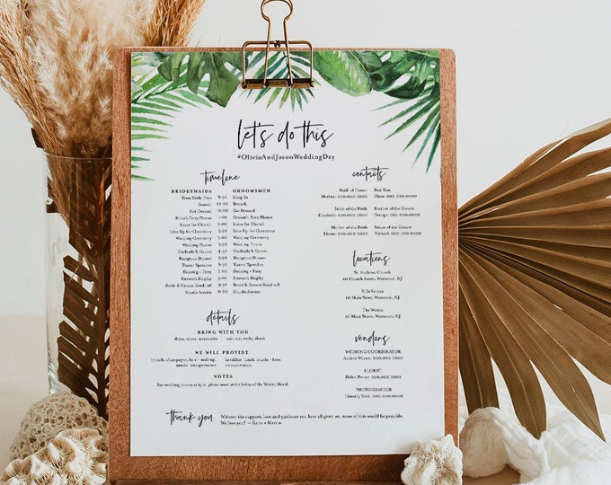 Tropical Bridal Party Timeline, Beach Wedding Itinerary, Order of Events, Details for Bridesmaid & Groomsmen, Templett #083-111BPT