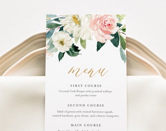 Wedding Menu Template, INSTANT DOWNLOAD, Printable Dinner Menu Card, 100% Editable, Blush Florals, Boho Wedding, Templett, DIY #043-122WM