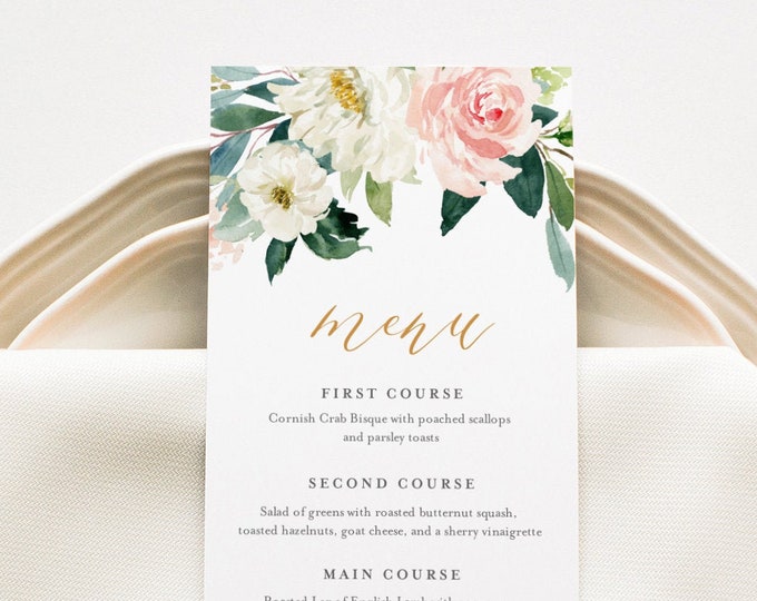 Wedding Menu Template, INSTANT DOWNLOAD, Printable Dinner Menu Card, 100% Editable, Blush Florals, Boho Wedding, Templett, DIY #043-122WM