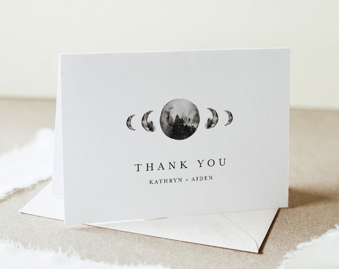 Celestial Thank You Card Printable, Moon Mountain Wedding, Editable Template, DIY, Folded & Flat, Instant Download, Templett #0003-166TYC