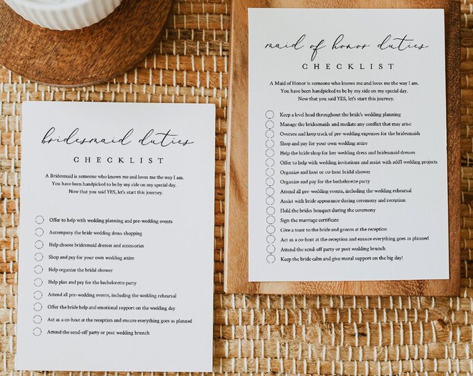 Bridesmaid Duties Checklist, Maid of Honor Duties, Minimalist Bridal Party Info Card, Editable Text, Instant Download, Templett #045-103BDC