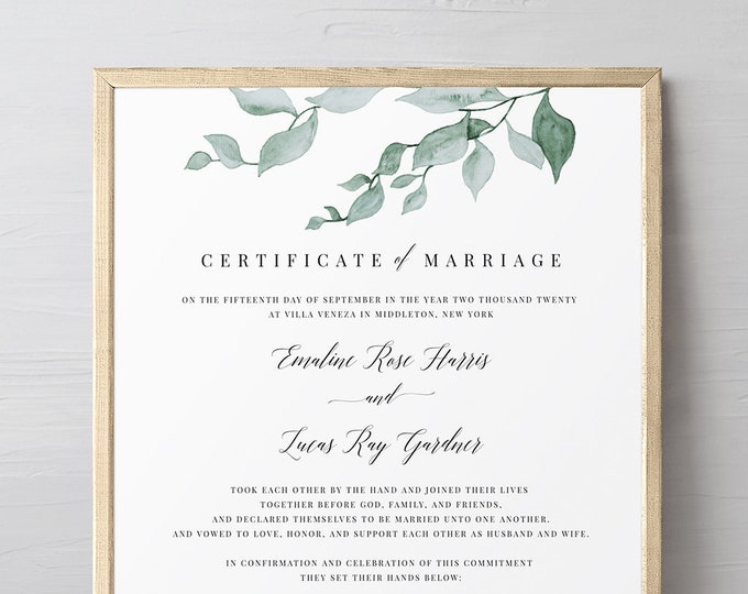 Greenery Certificate of Marriage, Wedding Certificate, Wedding Keepsake, Editable Text, Instant Download, 8x10, 16x20 #019-105MC