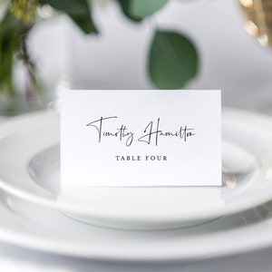 DOWNLOAD INSTANTÂNEO, Modelo de Cartão de Lugar para Casamento, 100% Editável, Cartão de Buffet para Imprimir, Cartão de Nome com Script Moderno, Modelo, Plano e Tenda #129PC